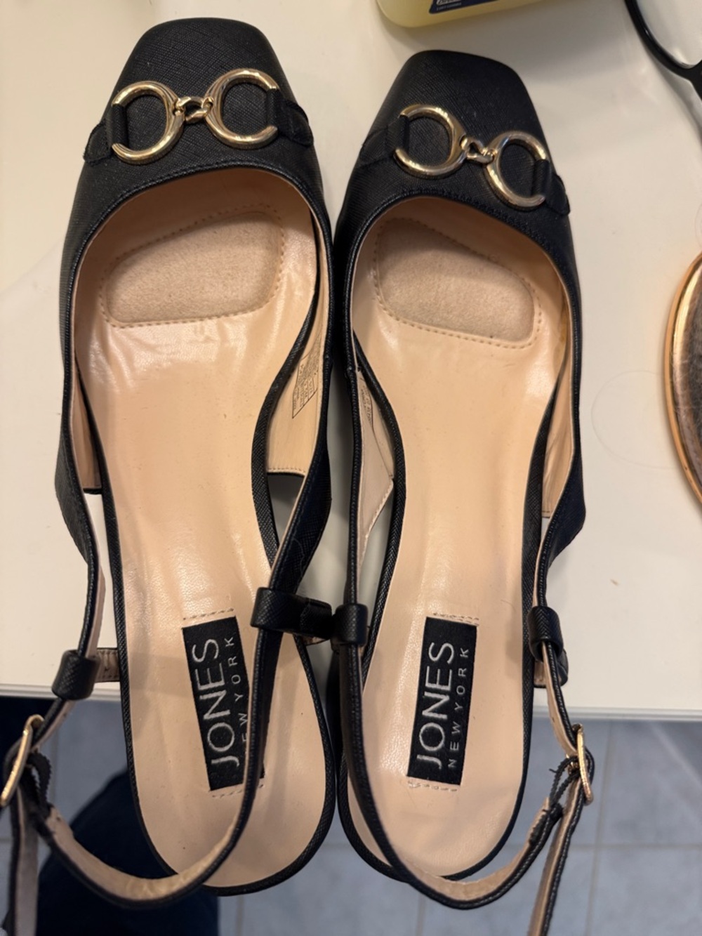 Jones New York Black Slingback Shoes with Gold Hardware Accents
